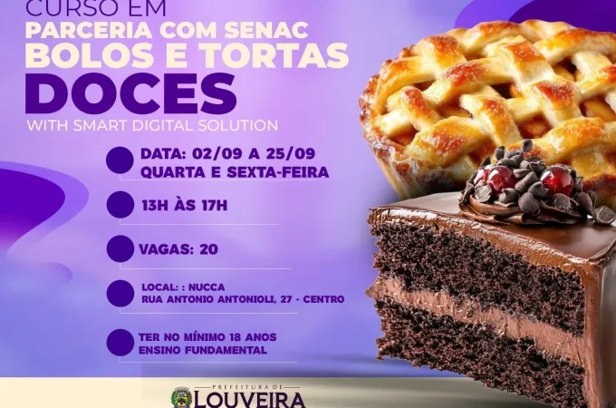 Inscrições para curso gratuito de Bolos e Tortas Doces em Louveira começam em 24 de agosto