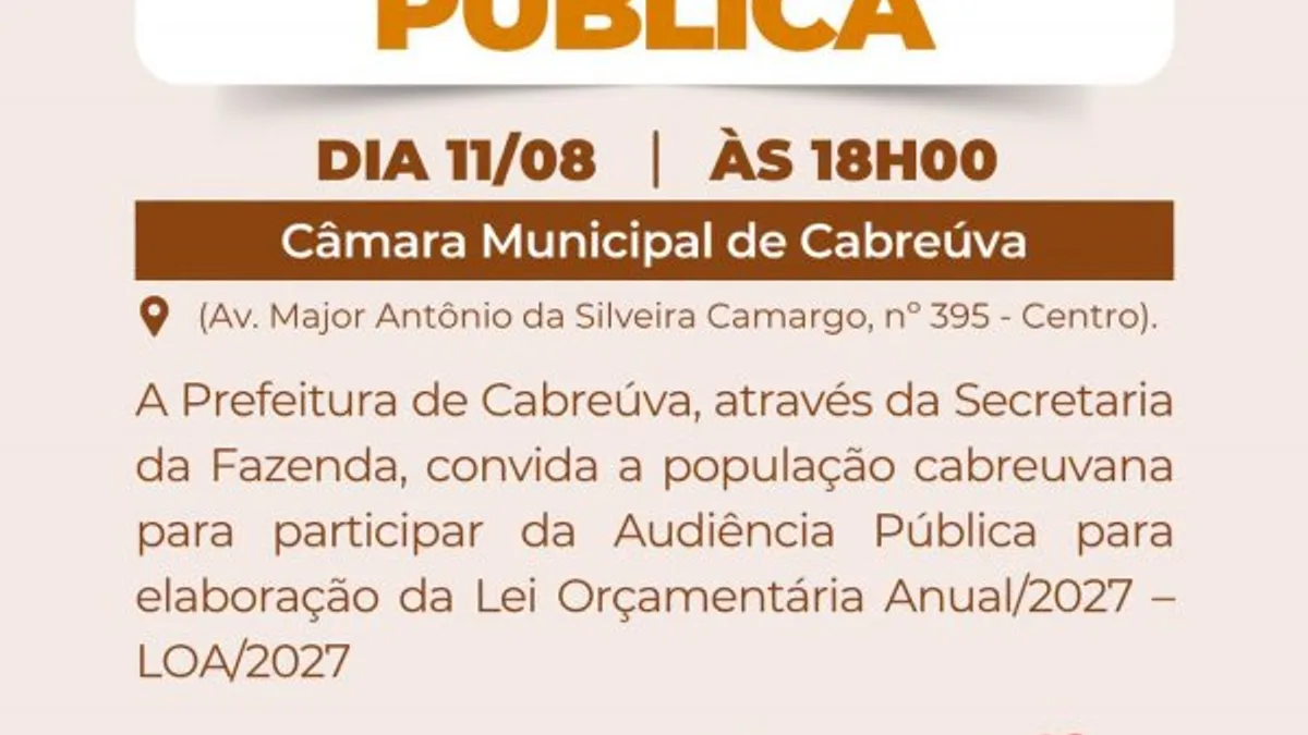 Audiência Pública em Cabreúva debaterá Lei Orçamentária Anual de 2027