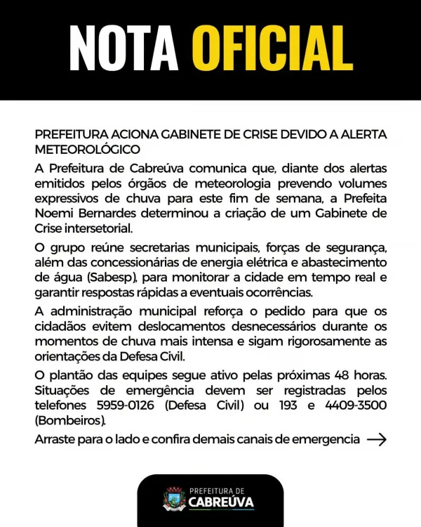 Cabreúva monta Gabinete de Crise após alerta de fortes chuvas para o fim de semana