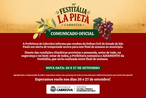 Festitália de Cabreúva é adiada para 26 e 27 de setembro